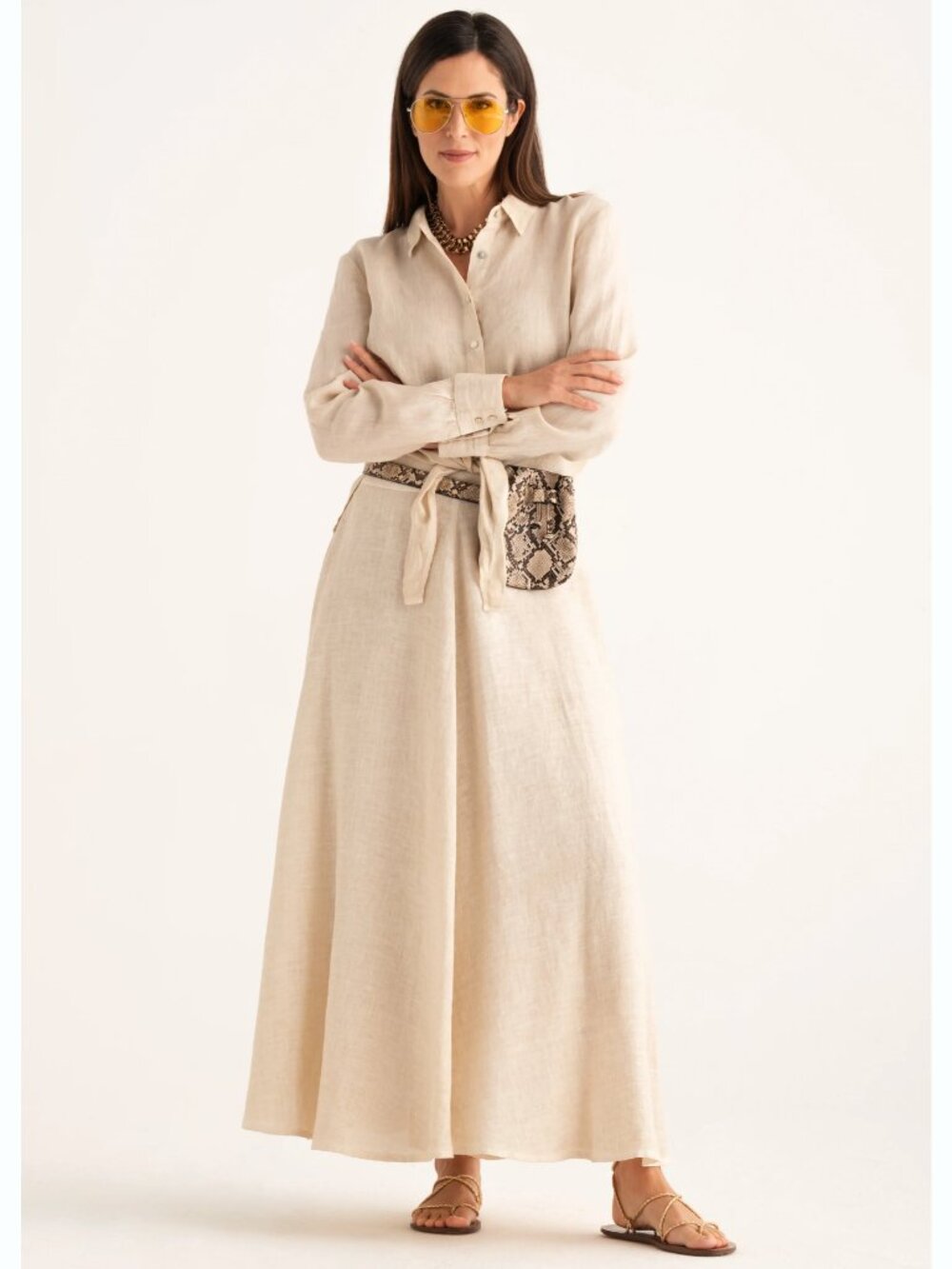 120% Lino Women's Tie-Front Button-Down Long Sleeve Linen Shirt Top Size L / 46